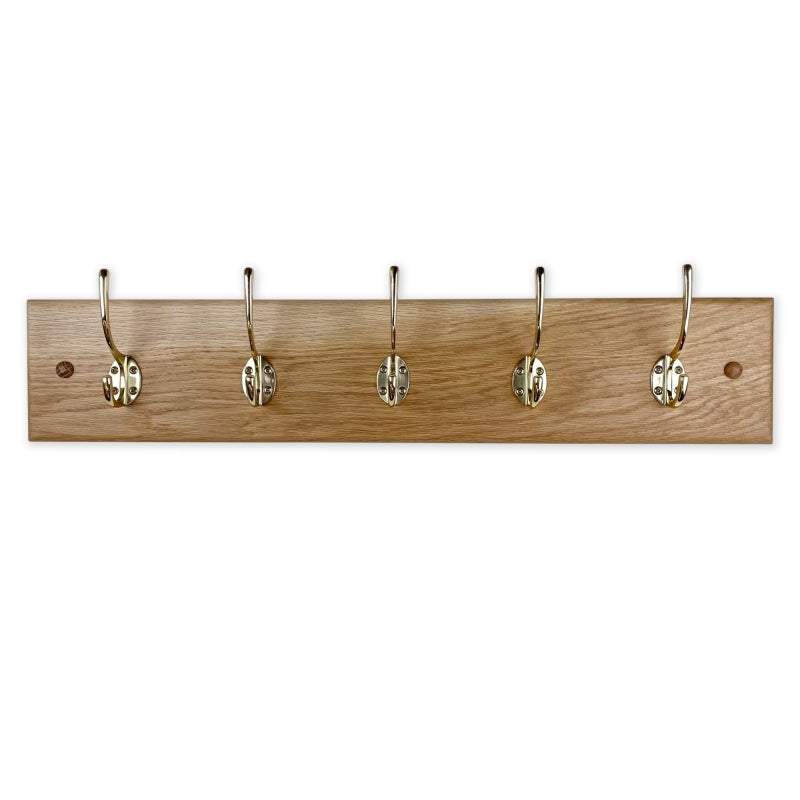 Solid oak coat rack - polished brass hooks