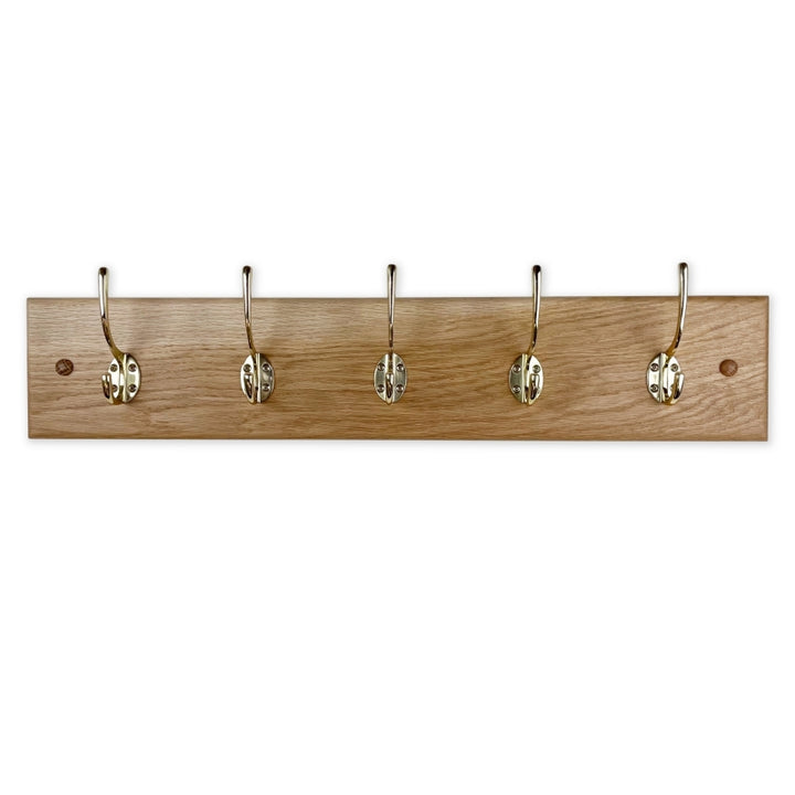 Solid oak coat rack - polished brass hooks