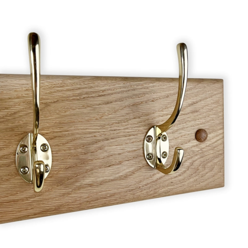 Solid oak coat rack - polished brass hooks