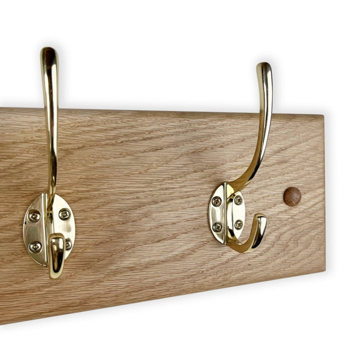Solid oak coat rack - polished brass hooks