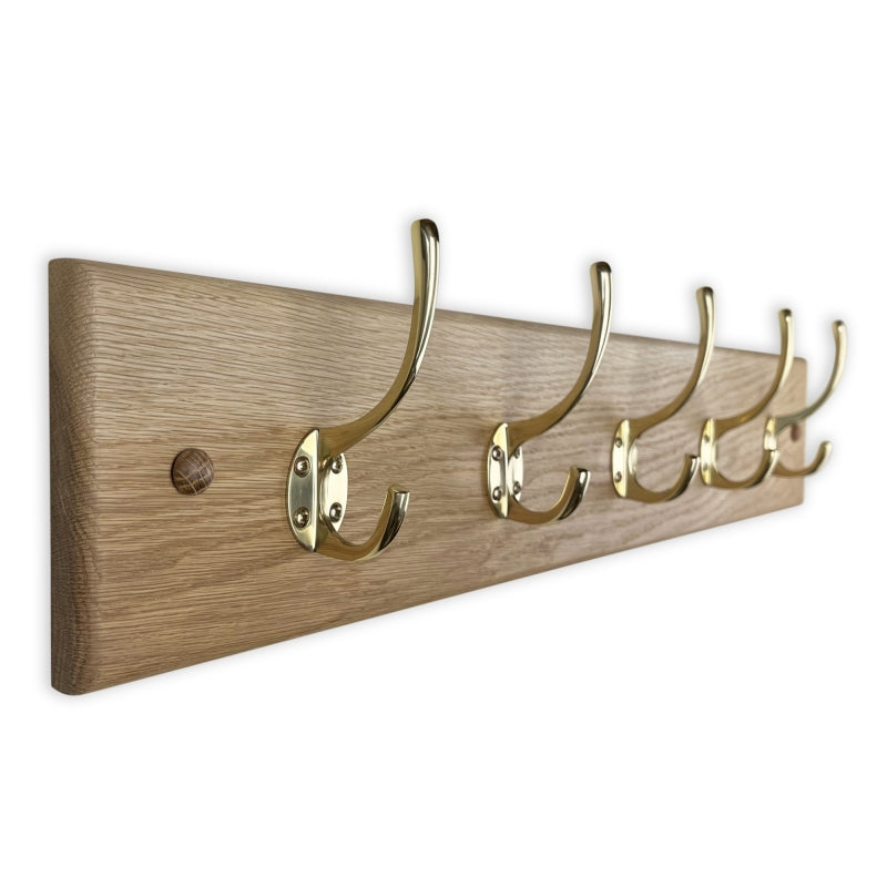 Solid oak coat rack - polished brass hooks