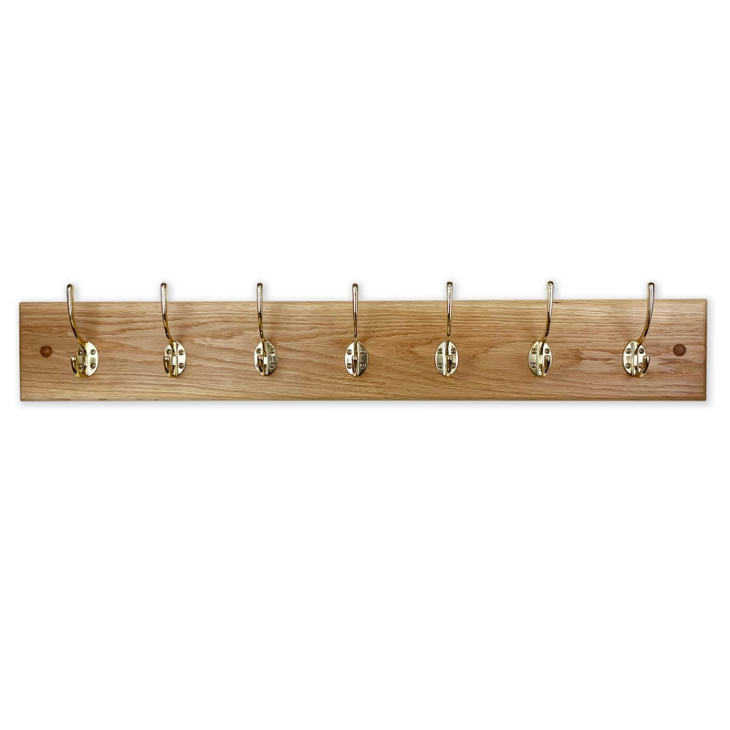 Solid oak coat rack - polished brass hooks