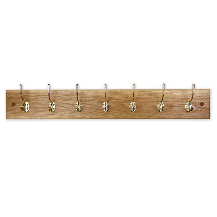Solid oak coat rack - polished brass hooks