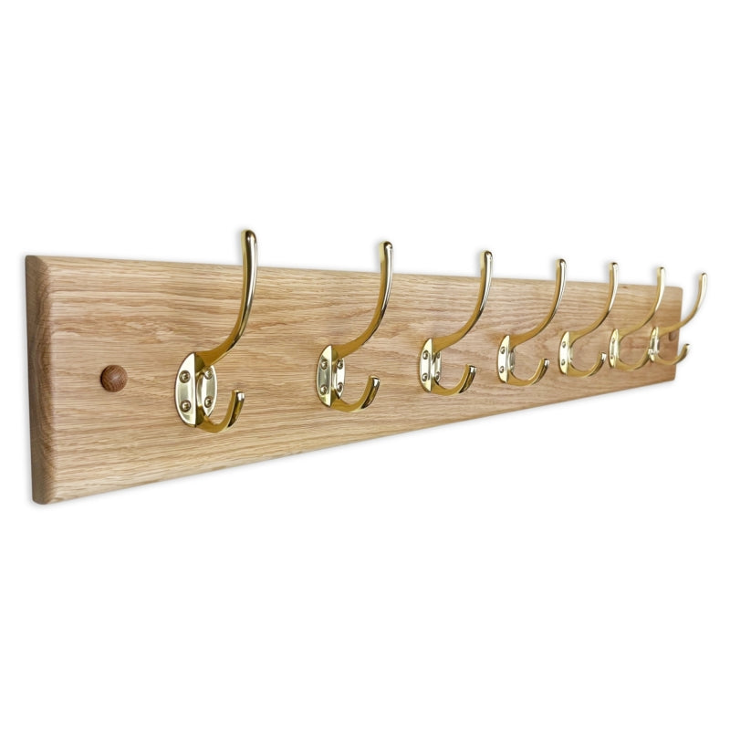 Solid oak coat rack - polished brass hooks