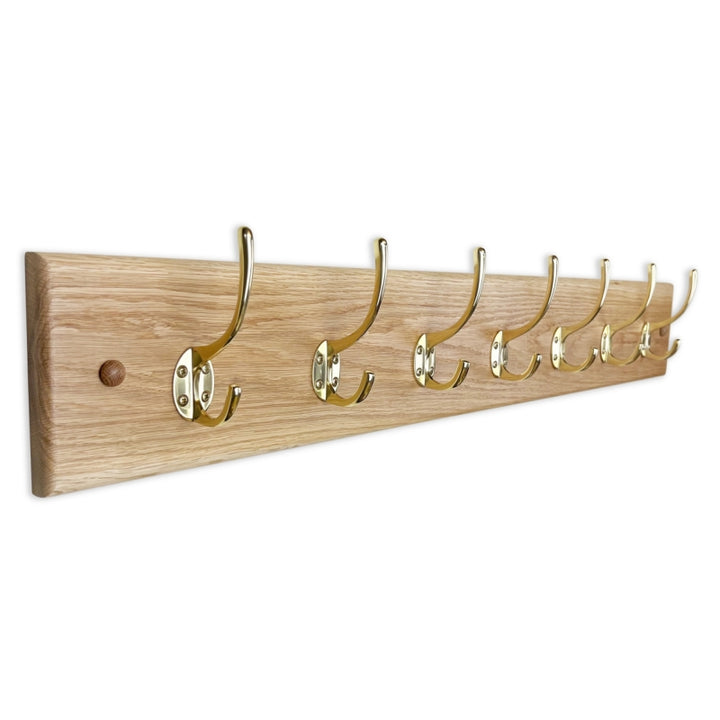 Solid oak coat rack - polished brass hooks