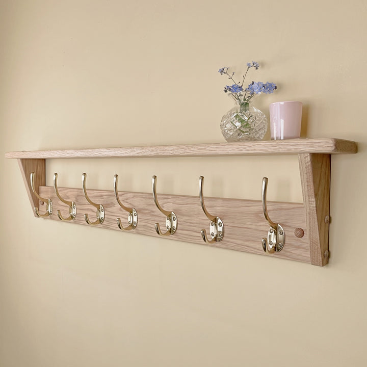 Oak coat rack with shelf - polished brass hooks