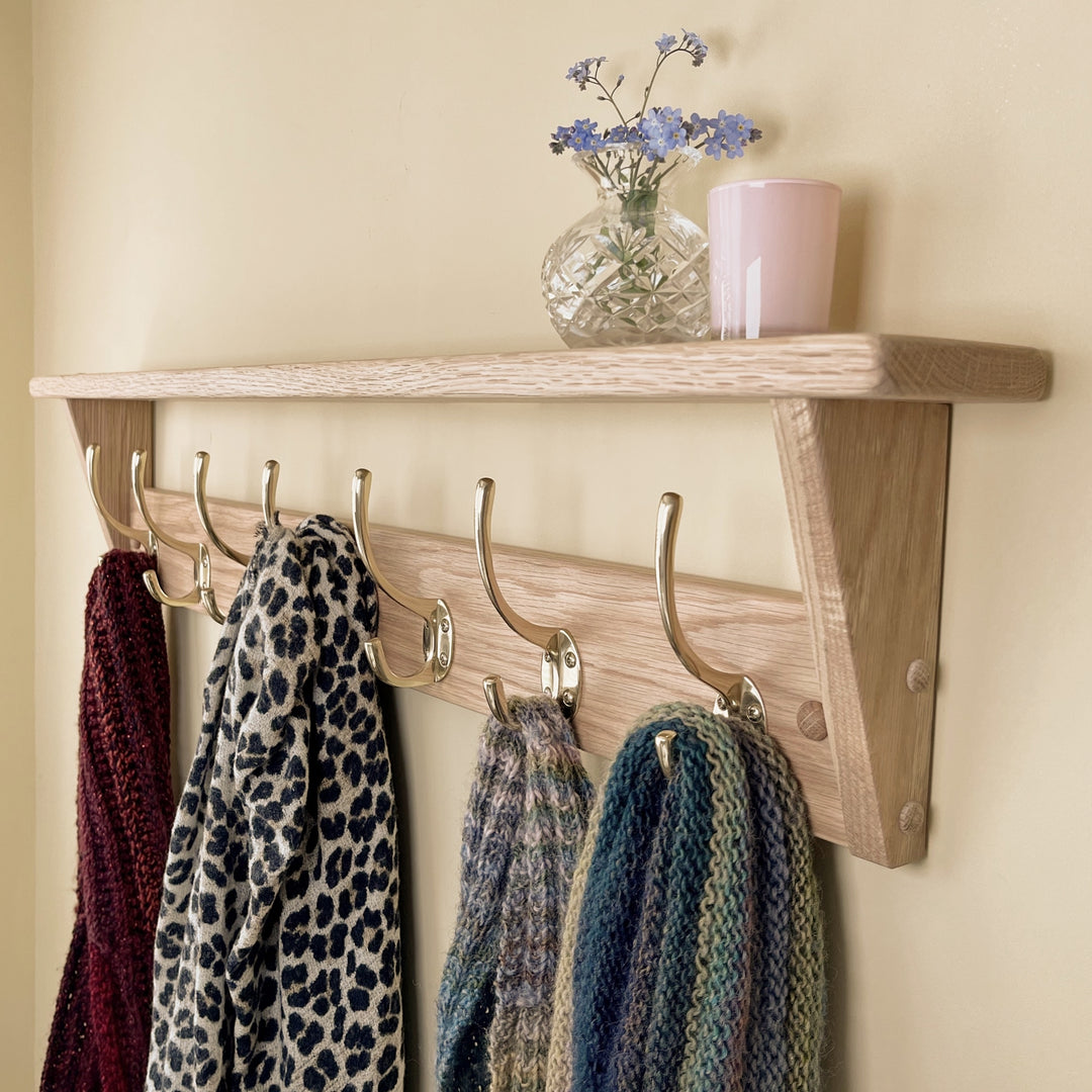 Oak coat rack with shelf - polished brass hooks