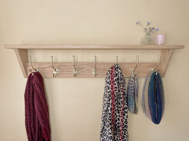 Oak coat rack with shelf - polished brass hooks