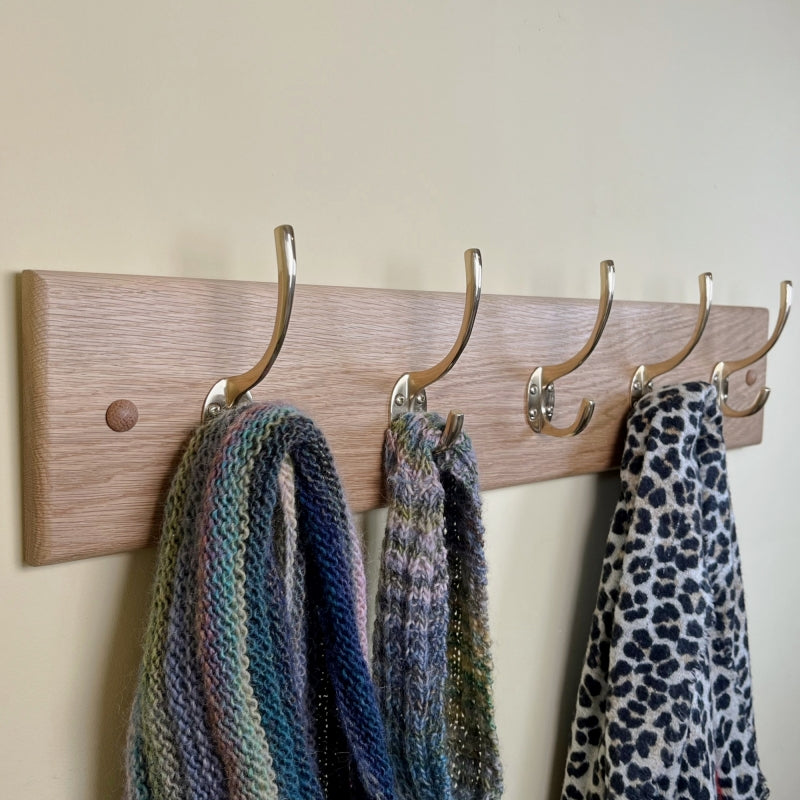 Solid oak coat rack - polished brass hooks
