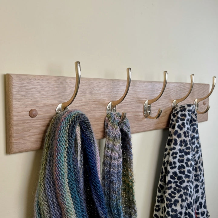 Solid oak coat rack - polished brass hooks