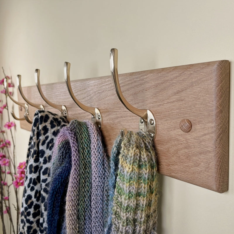 Solid oak coat rack - polished brass hooks