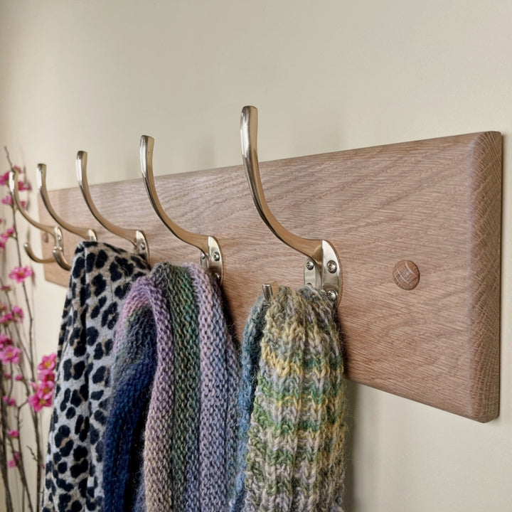 Solid oak coat rack - polished brass hooks