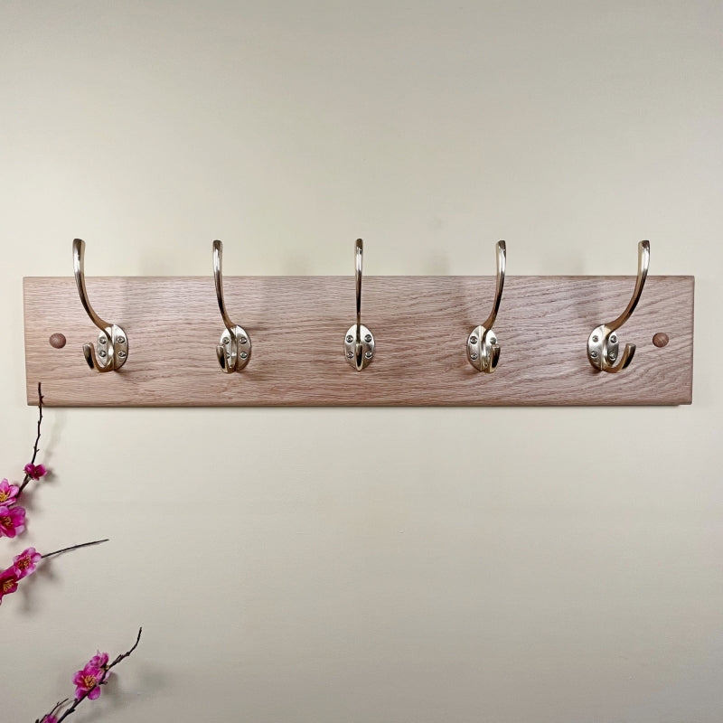 Solid oak coat rack - polished brass hooks