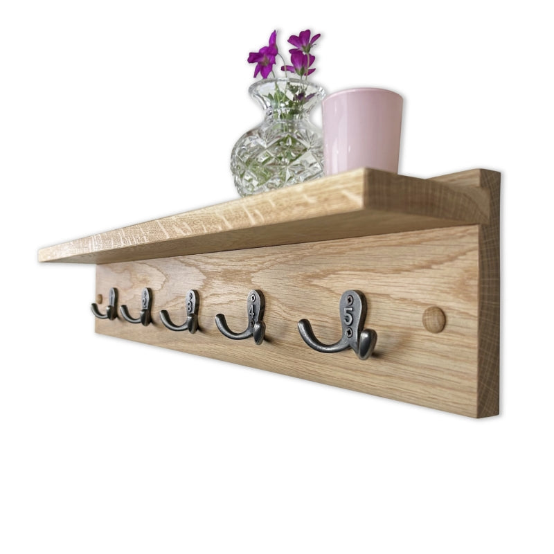 Oak coat rack with integrated shelf - 5 cast iron numbered hooks