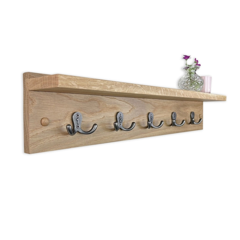 Oak coat rack with integrated shelf - 5 cast iron numbered hooks