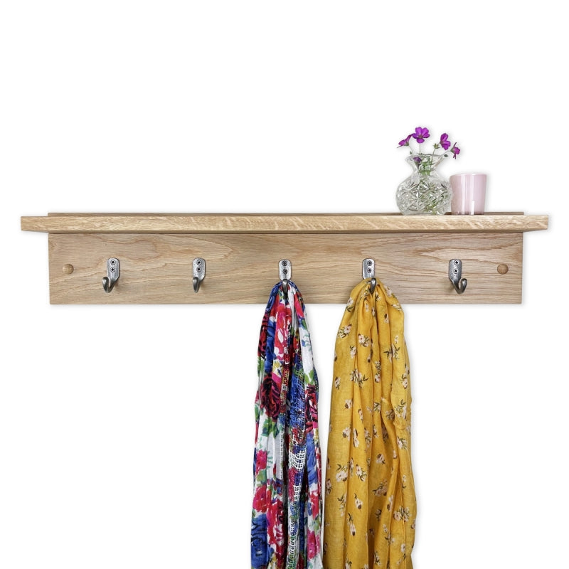 Oak coat rack with integrated shelf - polished cast iron single