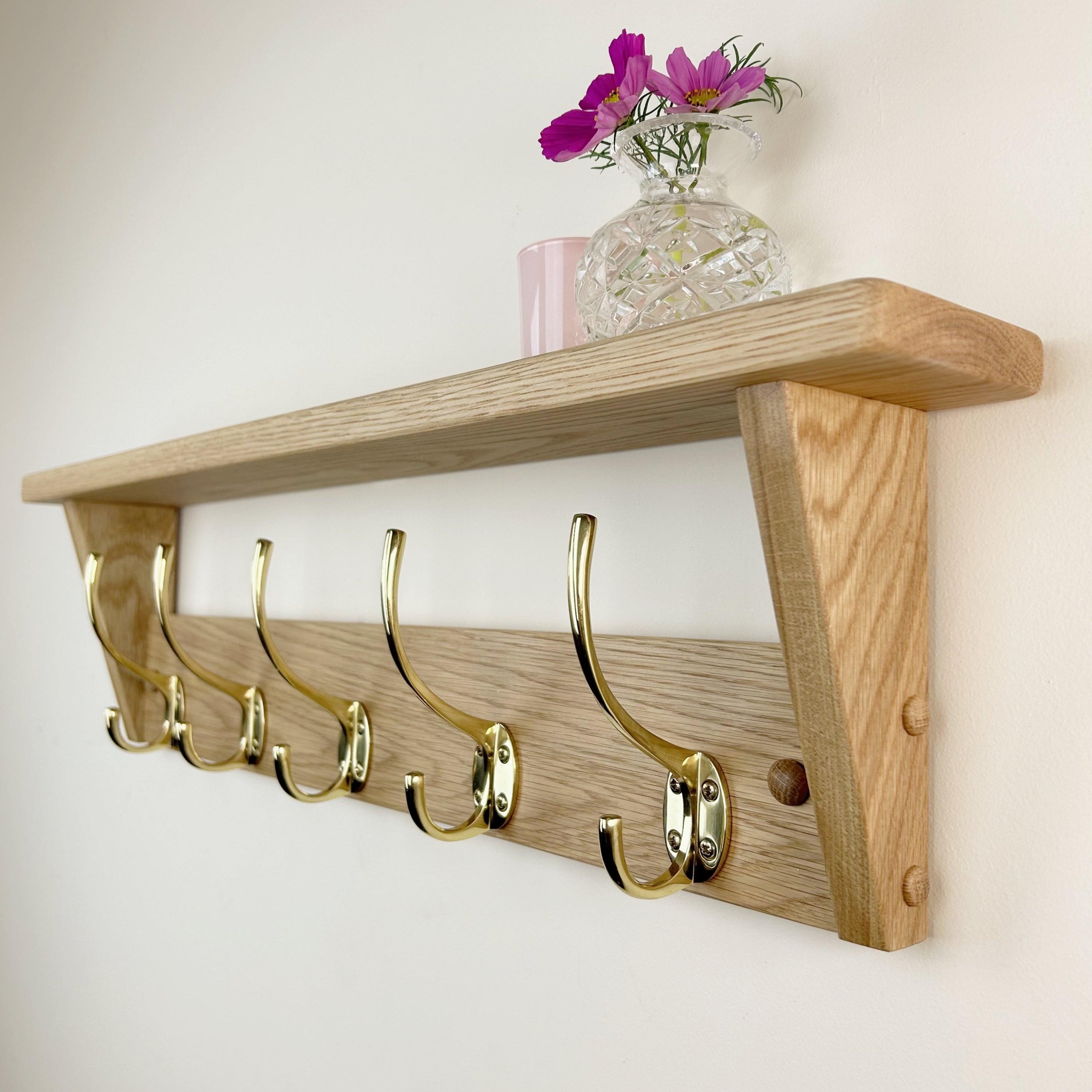 Oak coat rack with shelf - polished brass hooks – Old Oak Barrel
