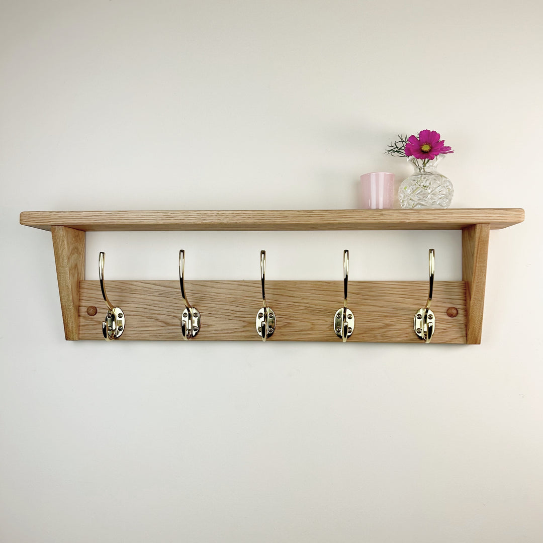 Oak coat rack with shelf - polished brass hooks