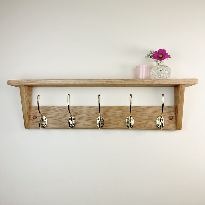 Oak coat rack with shelf - polished brass hooks