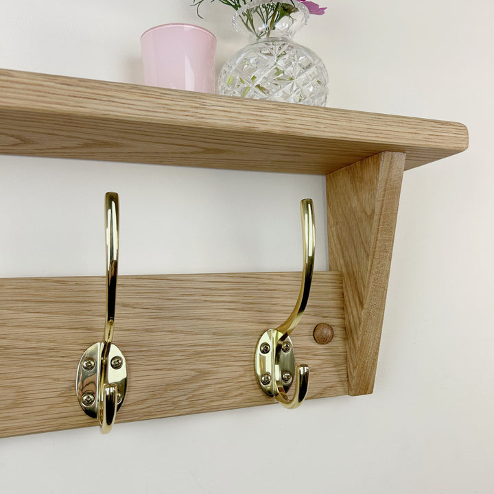 Oak coat rack with shelf - polished brass hooks