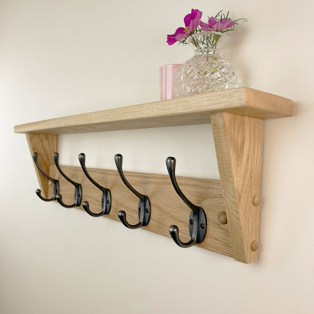 Oak coat rack with shelf - polished cast iron double hooks