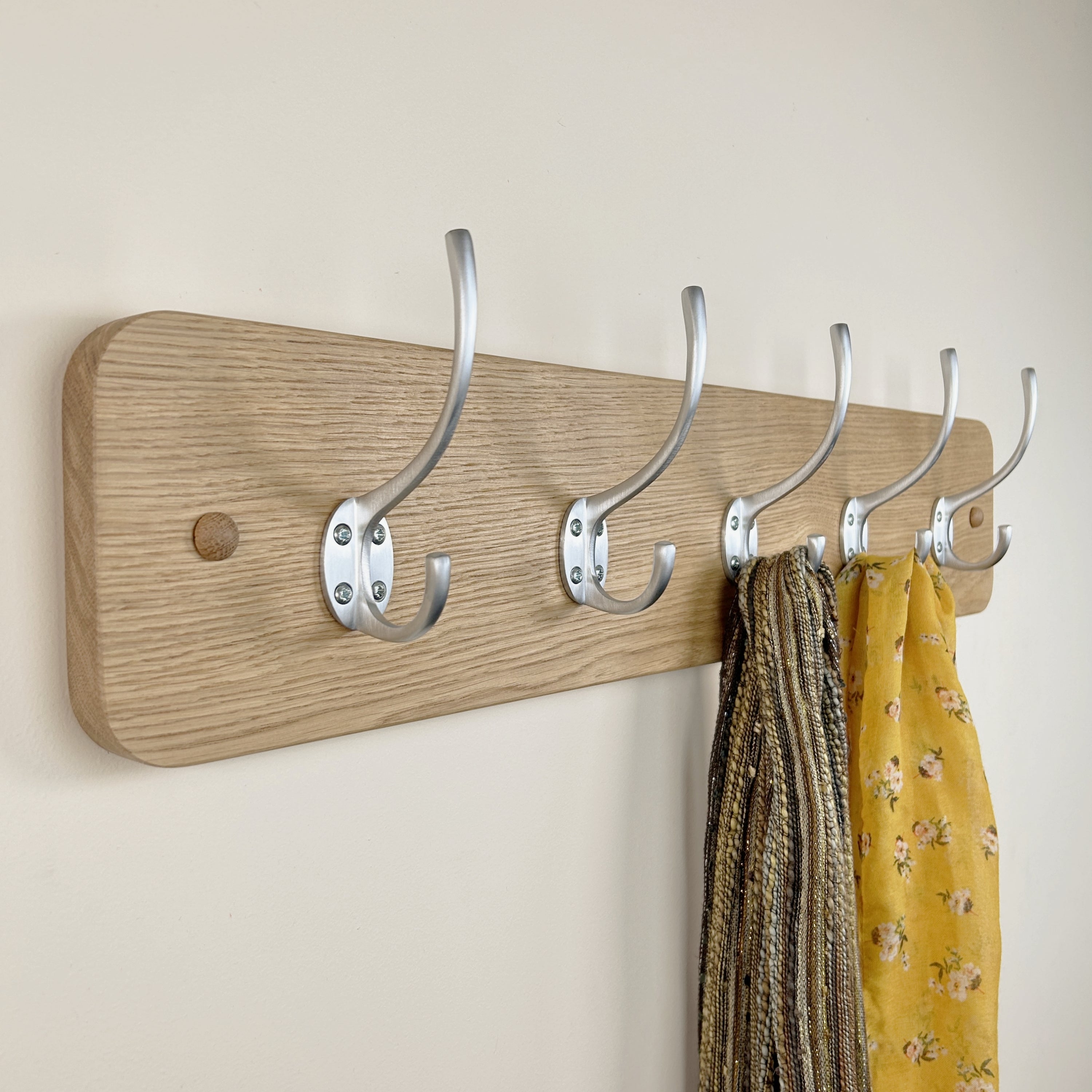 Curved Solid Oak Coat Rack Satin Brushed Steel Hooks – Old Oak