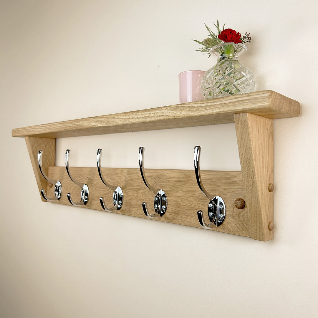 Oak coat rack with shelf - polished chrome hooks