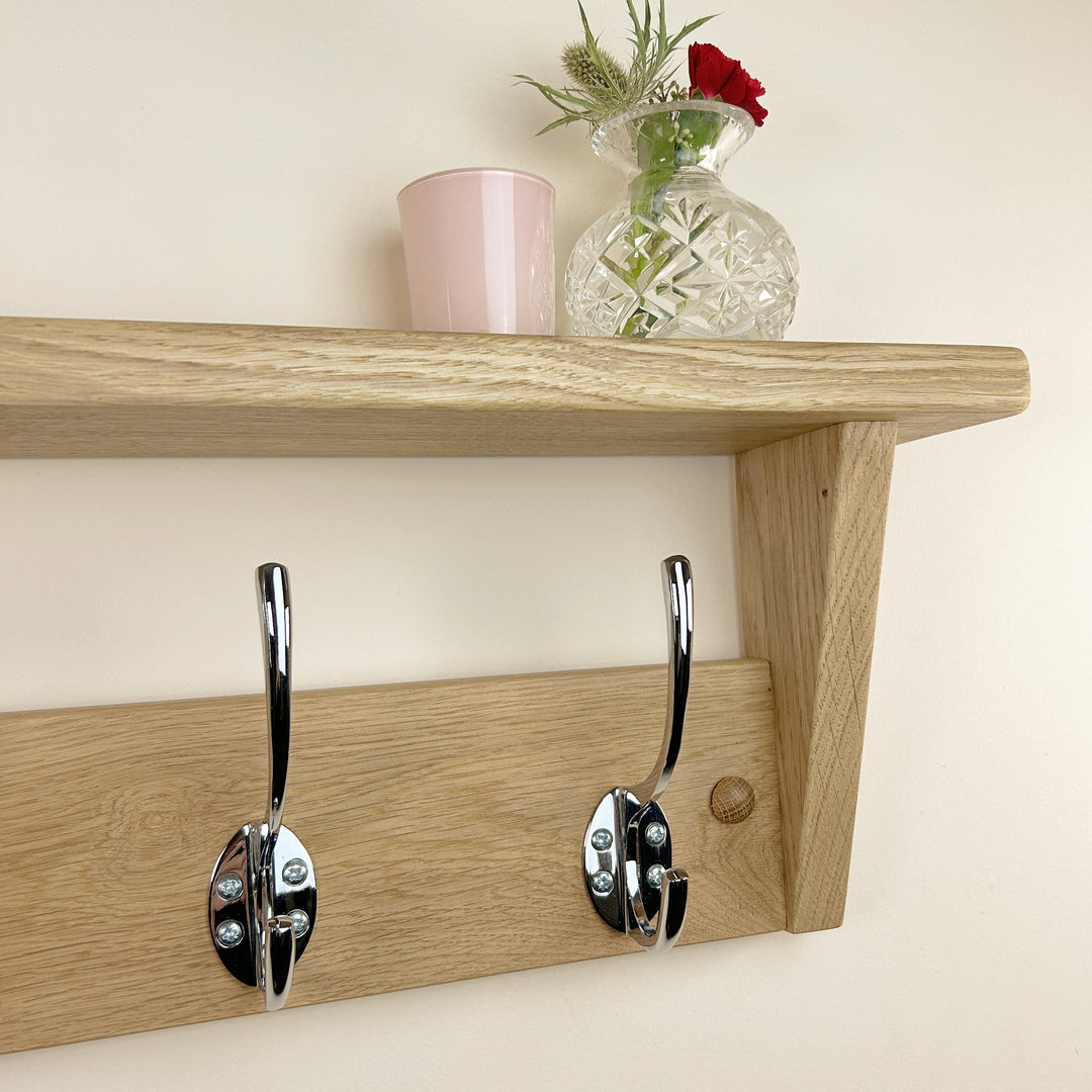 Oak coat rack with shelf - polished chrome hooks