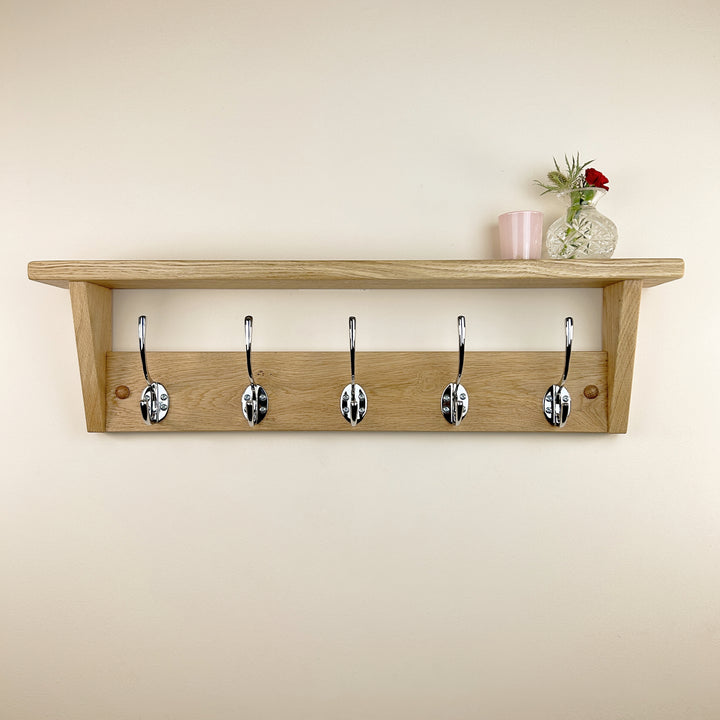 Oak coat rack with shelf - polished chrome hooks