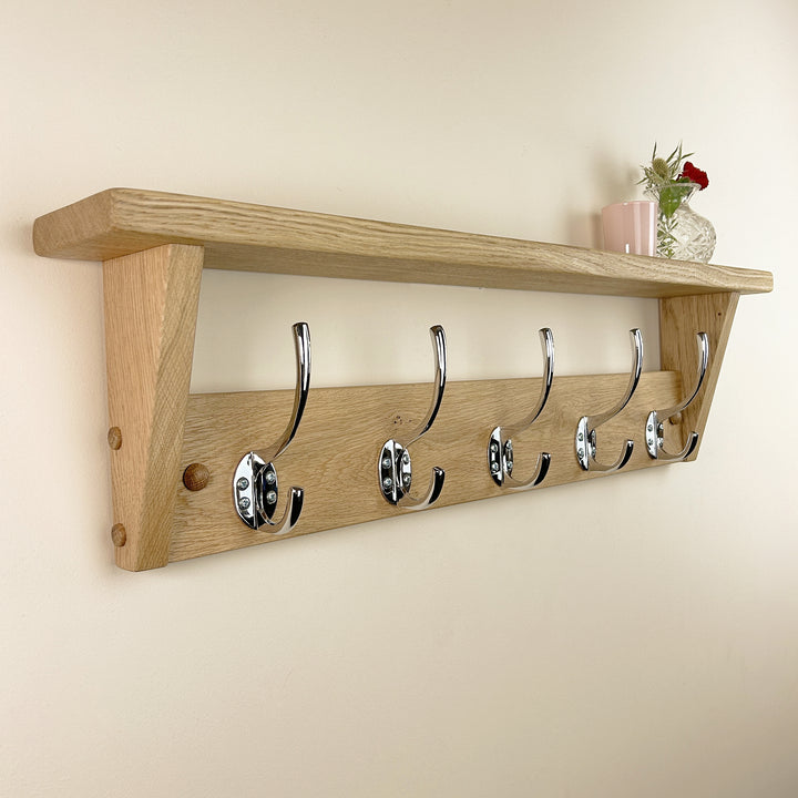 Oak coat rack with shelf - polished chrome hooks