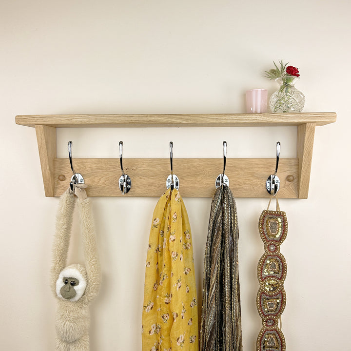 Oak coat rack with shelf - polished chrome hooks