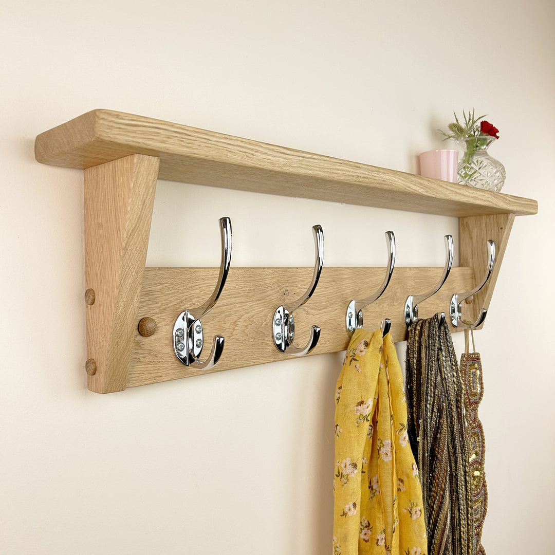 Oak coat rack with shelf - polished chrome hooks