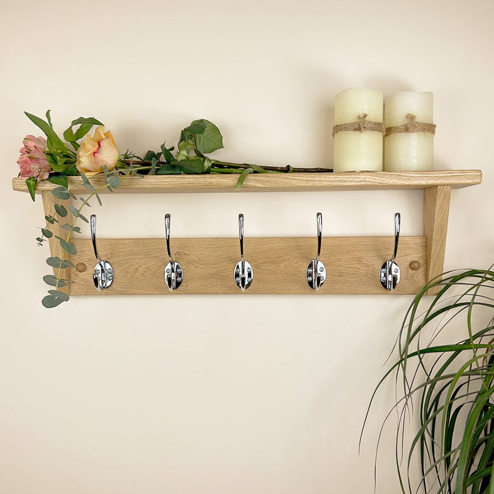 Oak coat rack with shelf - polished chrome hooks