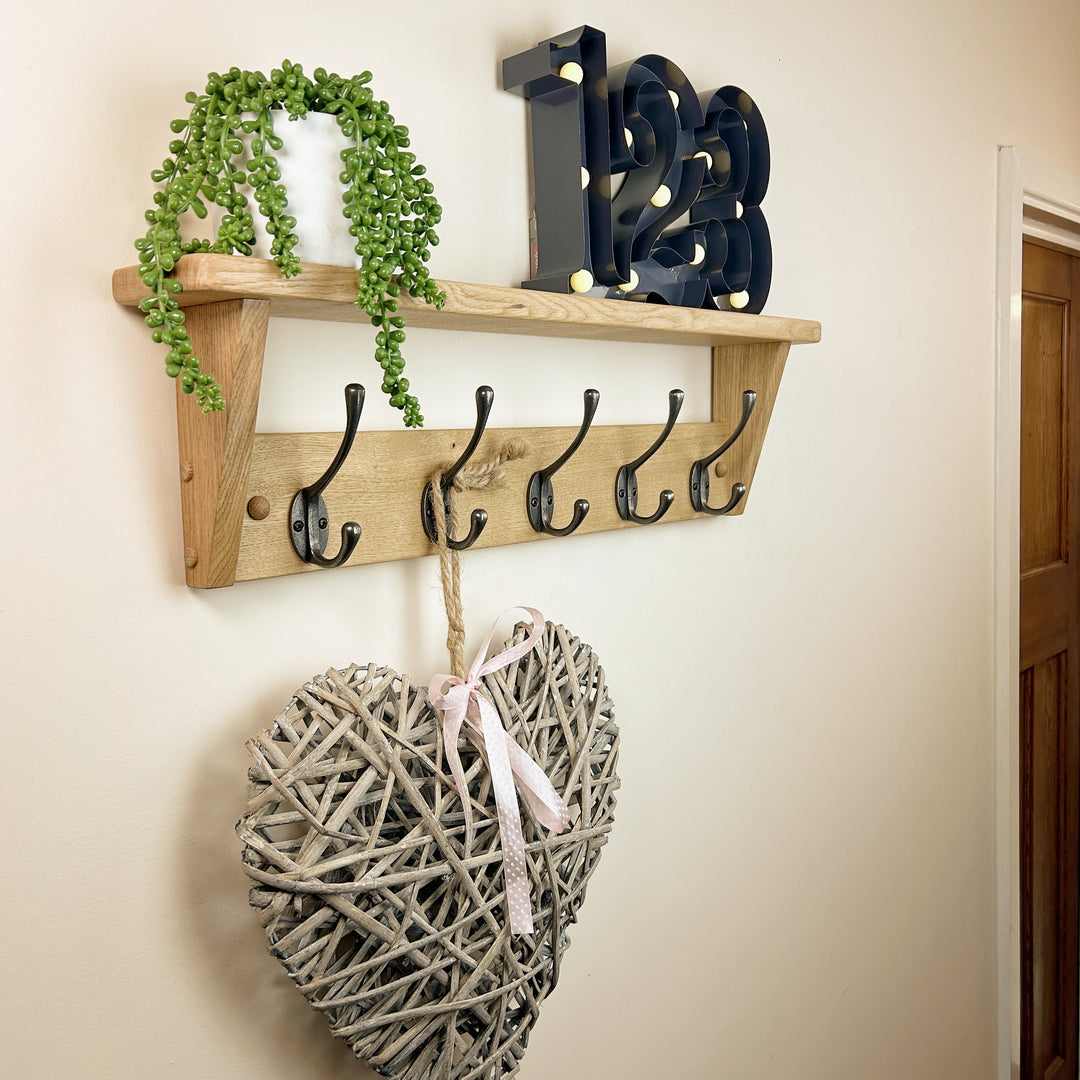 Oak coat rack with shelf - polished cast iron double hooks