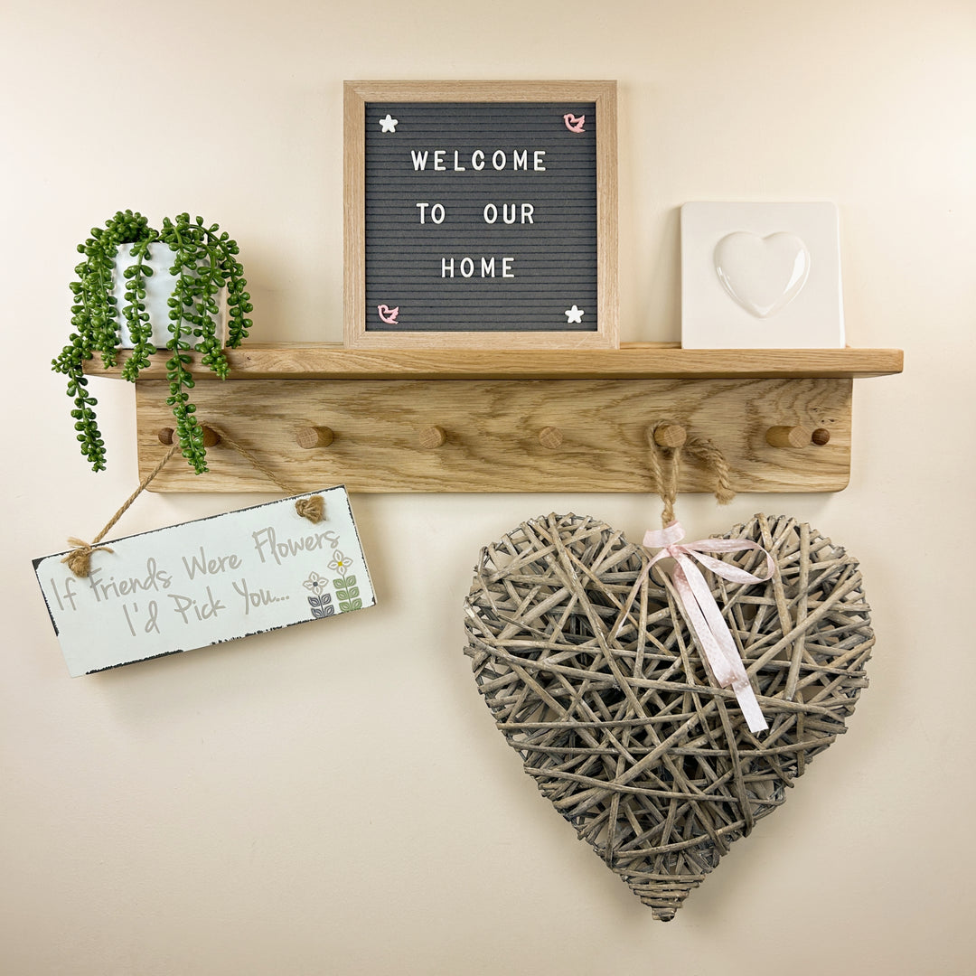 Oak coat rack with integrated shelf - shaker peg hooks