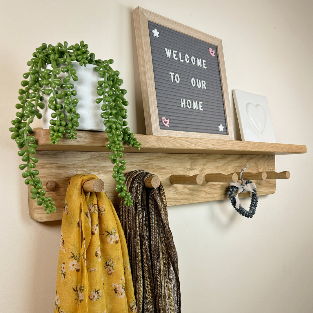 Oak coat rack with integrated shelf - shaker peg hooks