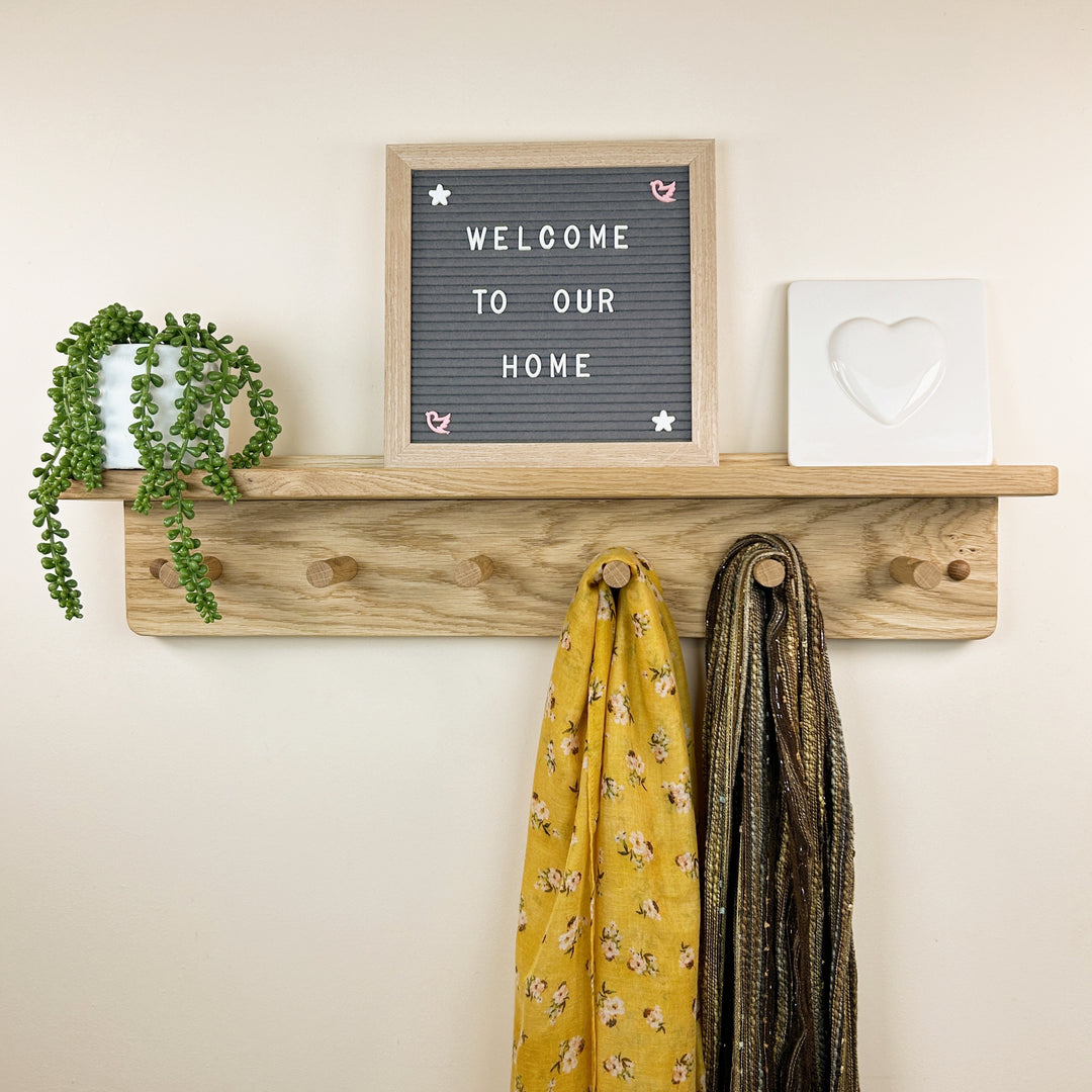 Oak coat rack with integrated shelf - shaker peg hooks