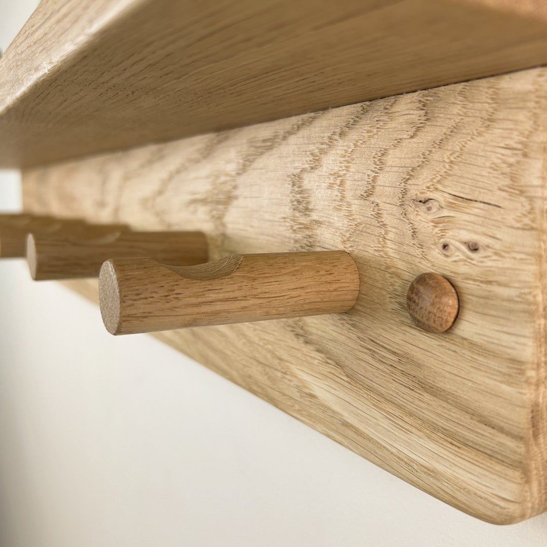 Oak coat rack with integrated shelf - shaker peg hooks