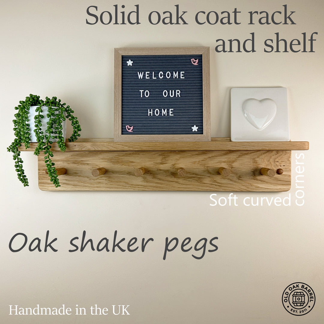 Oak coat rack with integrated shelf - shaker peg hooks