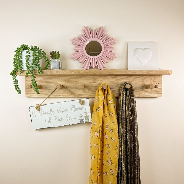 Oak coat rack with integrated shelf - shaker peg hooks