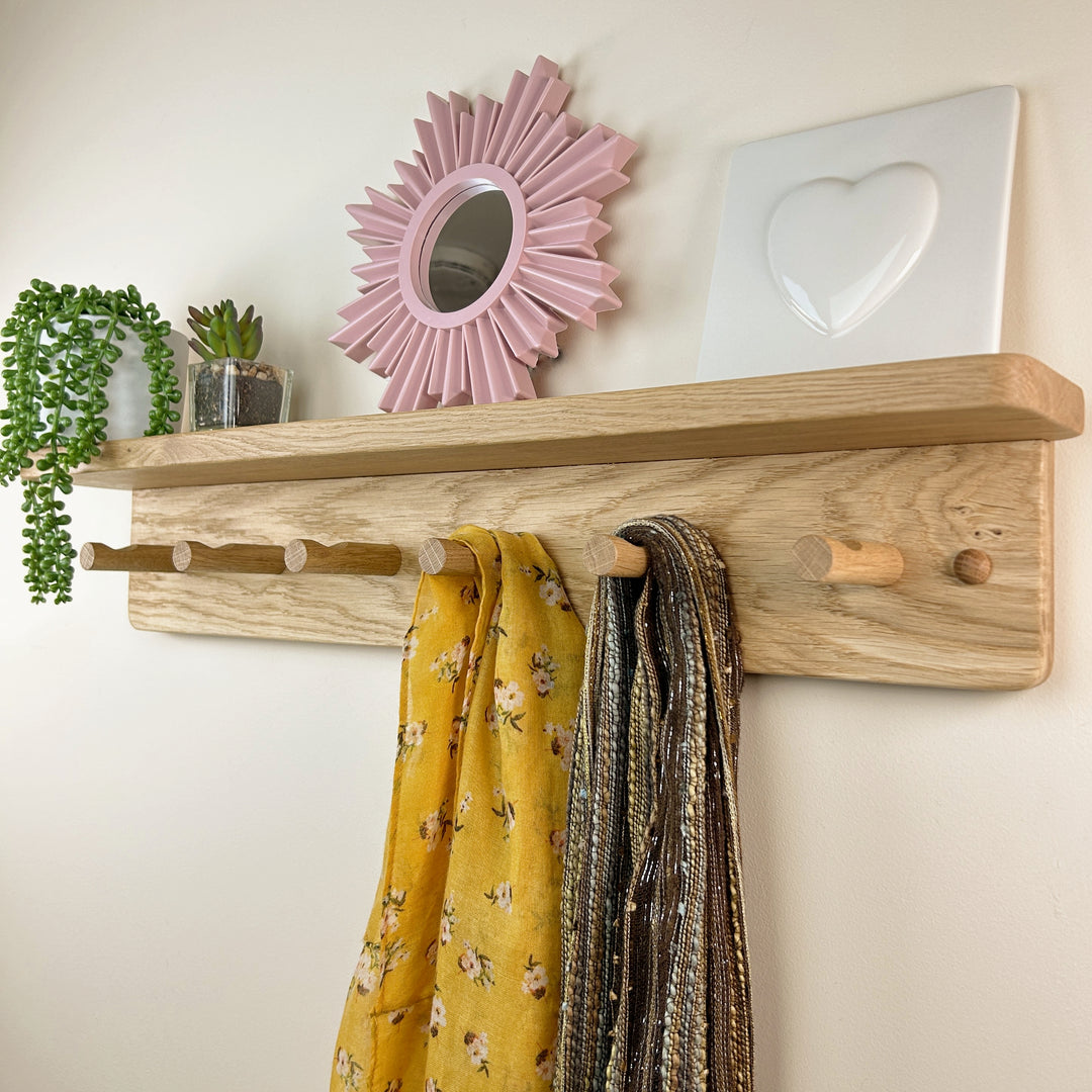 Oak coat rack with integrated shelf - shaker peg hooks