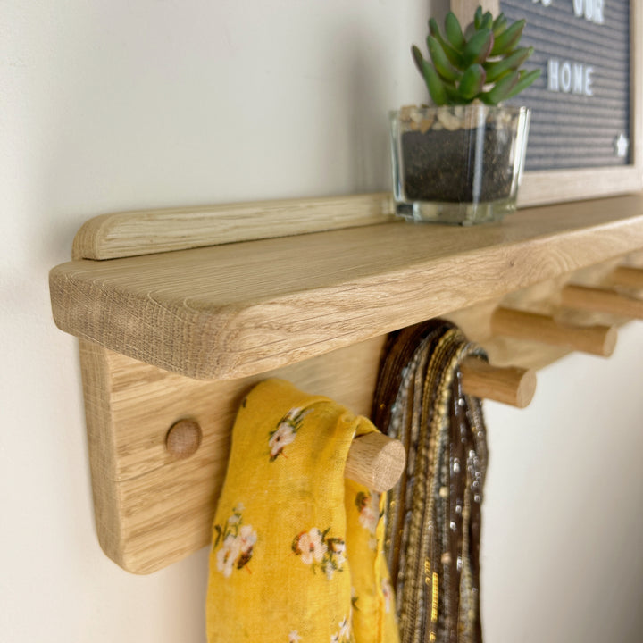 Oak coat rack with integrated shelf - shaker peg hooks