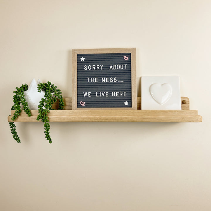 Solid oak floating display shelf with lip - picture/artwork ledge