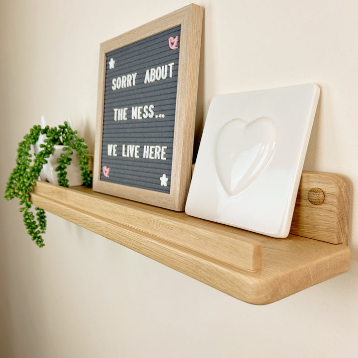 Solid oak floating display shelf with lip - picture/artwork ledge