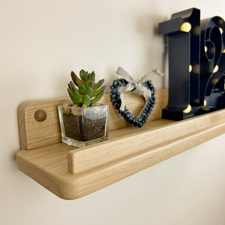 Solid oak floating display shelf with lip - picture/artwork ledge