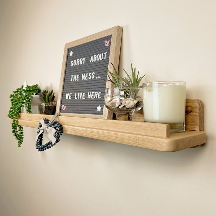 Solid oak floating display shelf with lip - picture/artwork ledge