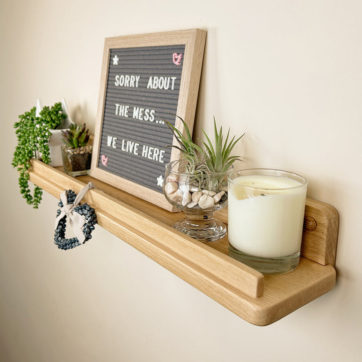 Solid oak floating display shelf with lip - picture/artwork ledge