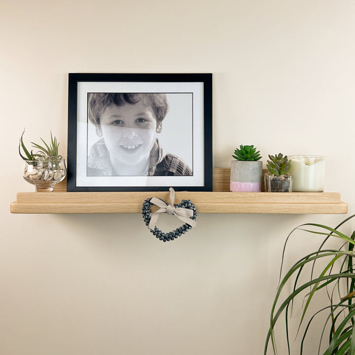 Solid oak floating display shelf with lip - picture/artwork ledge