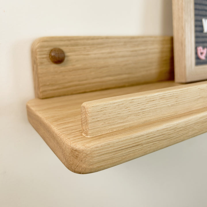 Solid oak floating display shelf with lip - picture/artwork ledge