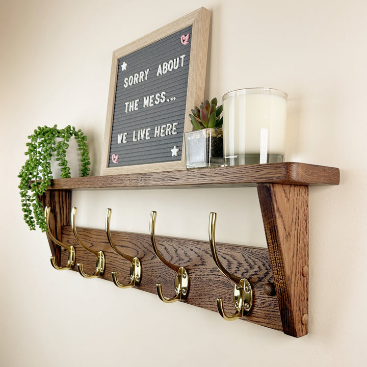 Oak coat rack with shelf - walnut finish with polished brass hooks